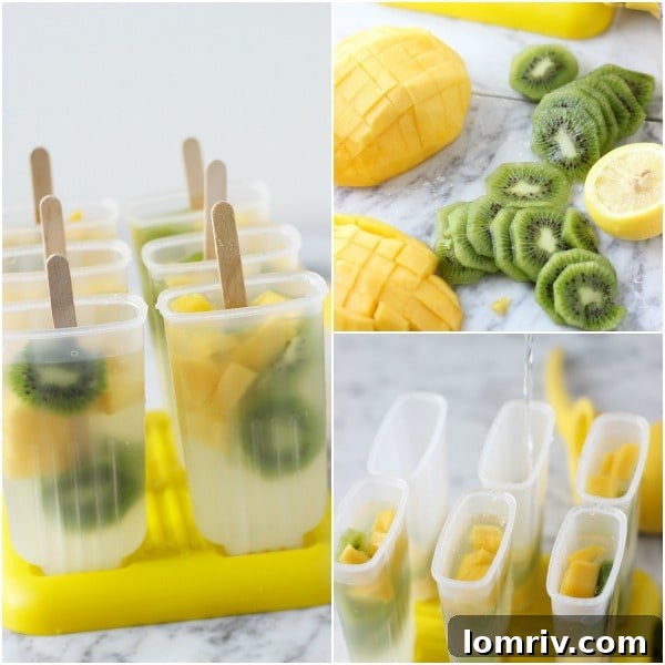 A hand holding a vibrant mango kiwi lemonade popsicle, highlighting its refreshing quality against a blurred background of a sunny outdoor setting.