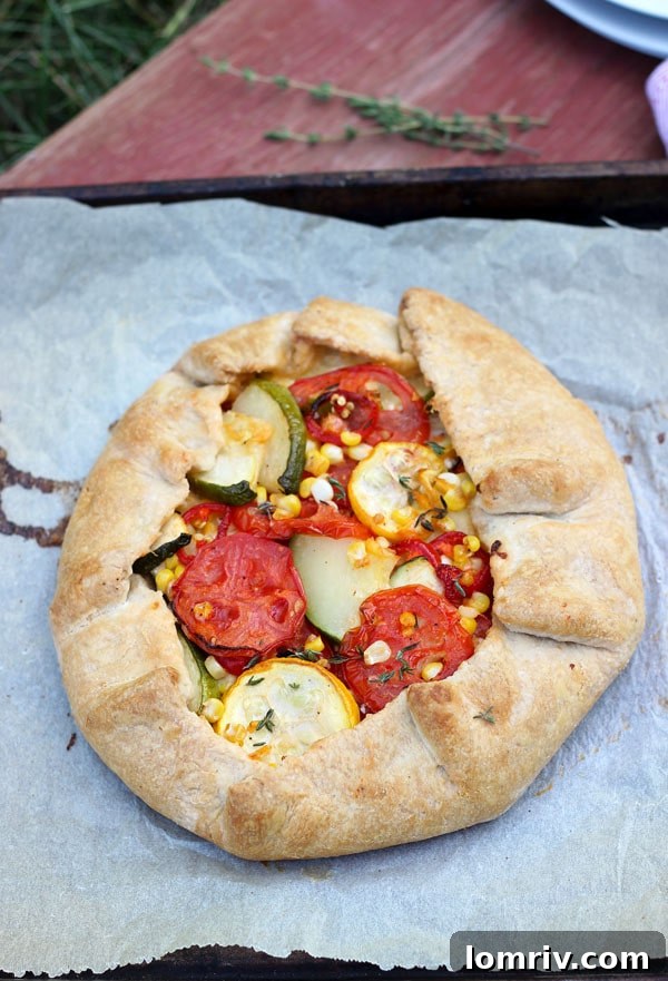 A beautifully baked homemade summer vegetable galette on a cooling rack, showcasing its golden crust and vibrant filling