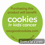 OXO product sticker indicating support for Cookies for Kids' Cancer initiative