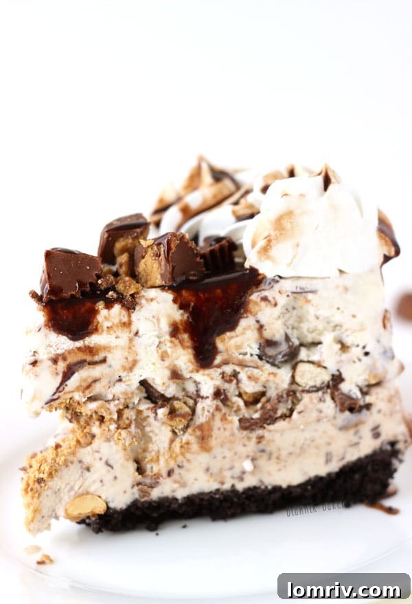 Peanut Butter Chocolate Ice Cream Cake with a slice removed, showing layers
