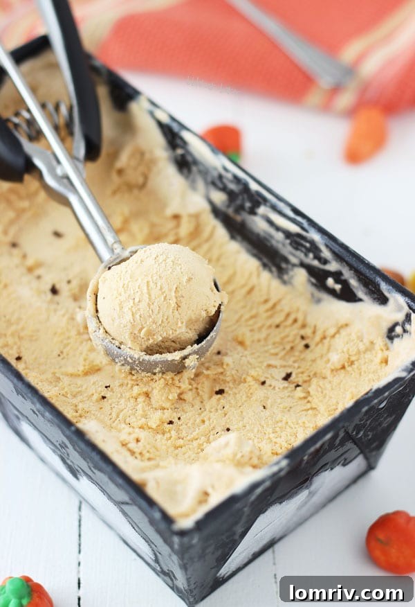 Close-up of a scoop of Pumpkin Spice Latte Ice Cream