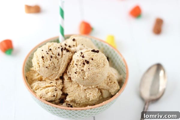 Top view of Pumpkin Spice Latte Ice Cream with a spoon