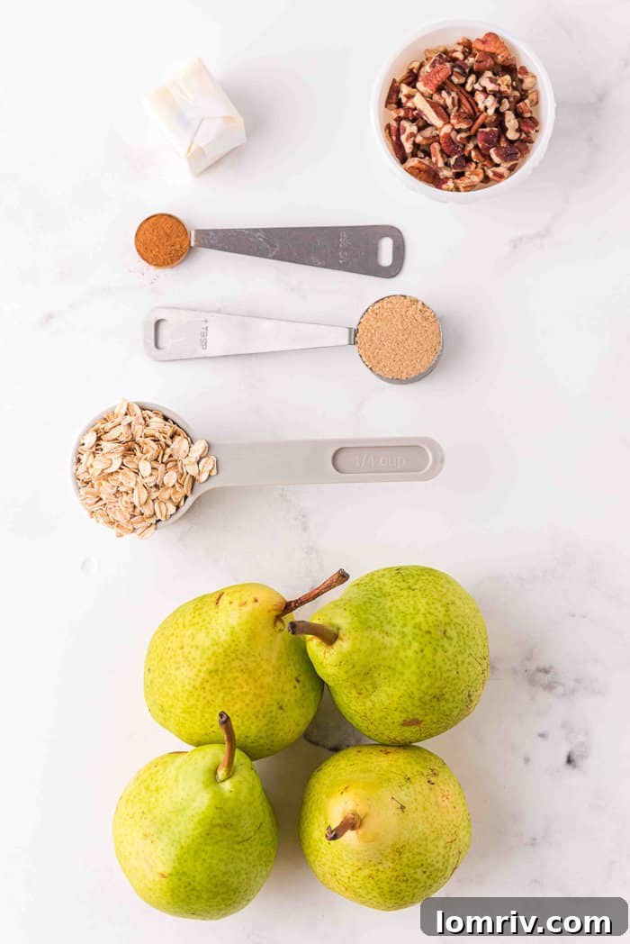 All ingredients for baked pears laid out on a wooden cutting board