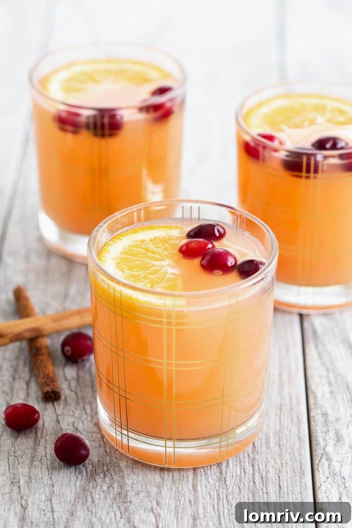 Closeup of Cinnabon Vodka Brunch Punch with garnishes, showing its inviting warm colors.