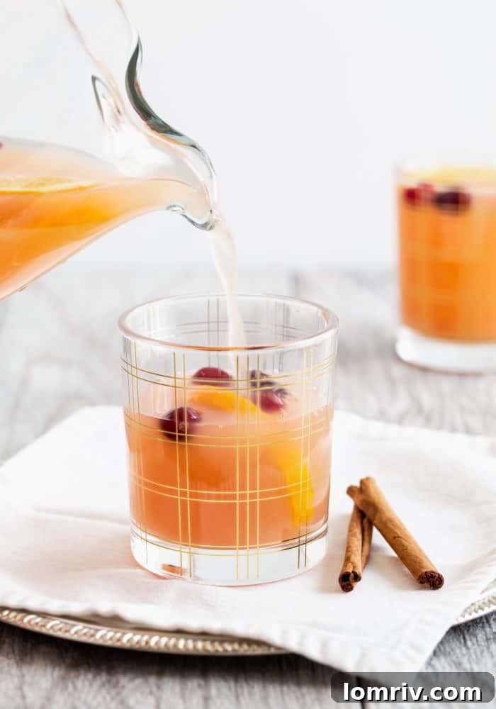 Cinnabon Vodka Brunch Punch ingredients in a glass bowl, showcasing fresh cranberries and orange slices.