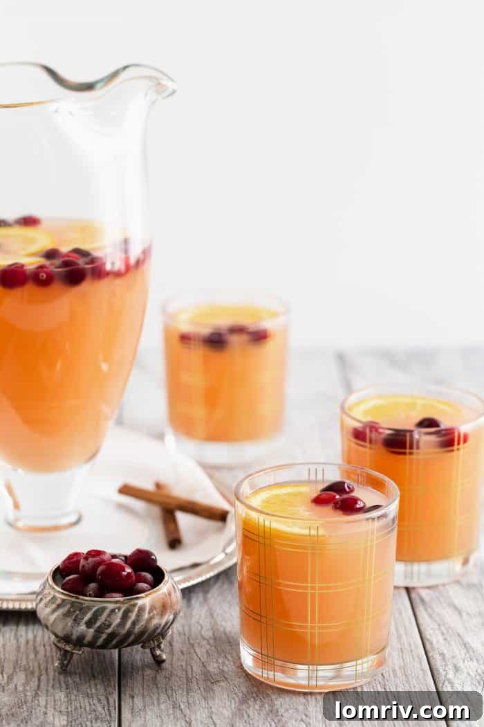 A glass of Cinnabon Vodka Brunch Punch, garnished with an orange slice and cranberries.