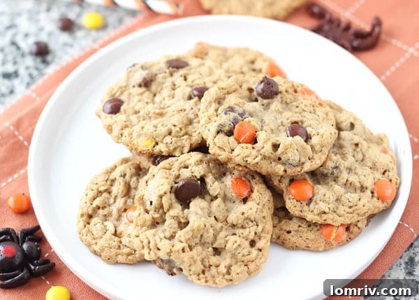 Platter of freshly baked Halloween Monster Cookies, ready to be enjoyed