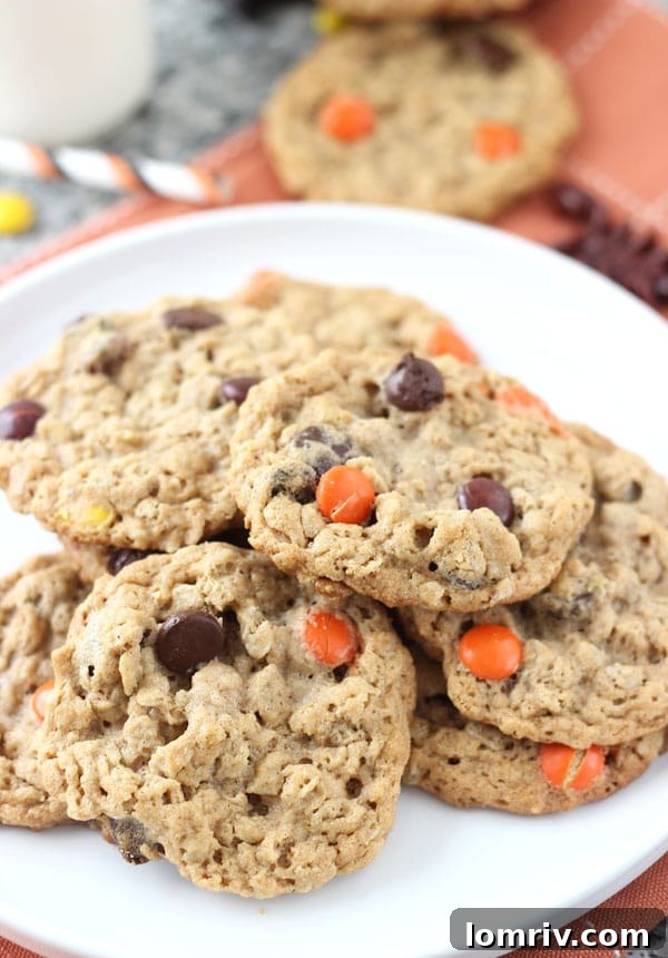 A festive display of Halloween Monster Cookies, perfect for trick-or-treaters or a family gathering