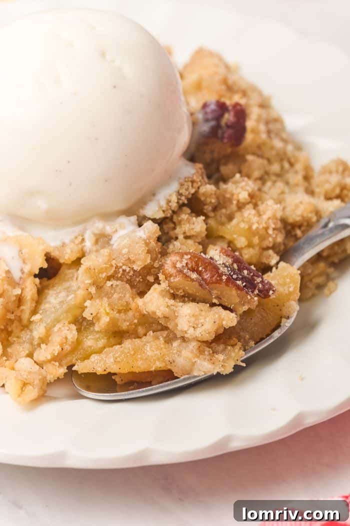 A close-up of a plate with a serving of apple cardamom crisp and a scoop of vanilla ice cream, with a spoon ready to dive in.
