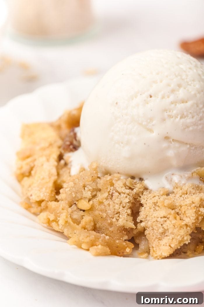 A close-up shot of a single serving of apple cardamom crisp, topped with a melting scoop of vanilla ice cream, ready to be enjoyed.