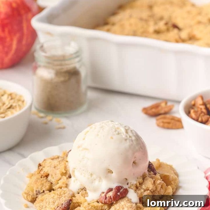 A plate filled with apple crisp with a scoop of ice cream and the tray of apple crisp in the background.