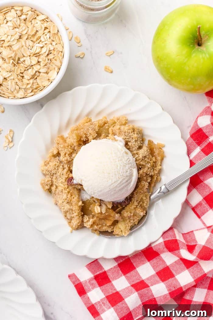 A close-up shot of a single serving of apple cardamom crisp, richly spiced apples peeking through the golden oat streusel, garnished with a dollop of vanilla ice cream.