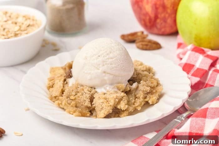 A delightful plate of warm apple cardamom crisp, topped with a scoop of melting ice cream and a delicate mint sprig.
