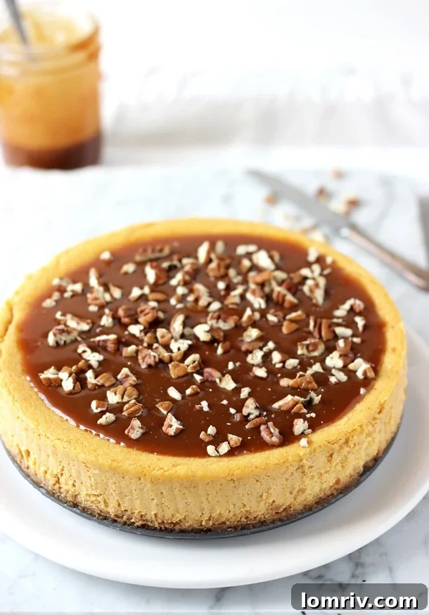Pumpkin Pecan Cheesecake with Salted Caramel Sauce
