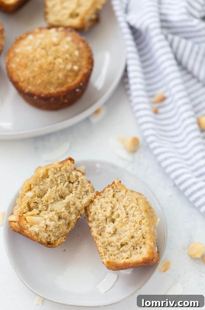 Closeup of a Banana Coconut Macadamia Muffin
