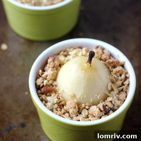 Spiced Poached Pear Crumble Recipe Card Image