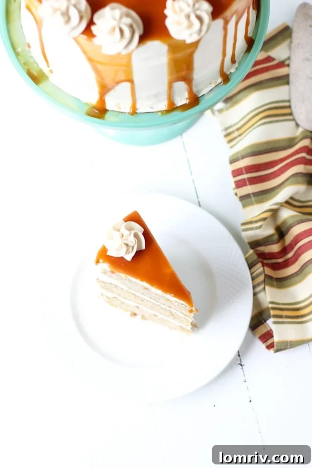 Close-up of a slice of Spiced Apple Cake showing layers and frosting