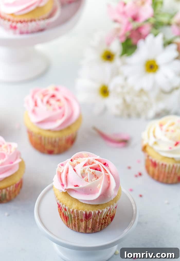 A beautifully arranged plate of White Chocolate Rose Cupcakes, ready for serving, garnished with delicate rose petals.