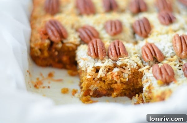 Another enticing shot of the Butterscotch Pumpkin Cake Bars, cut into squares.