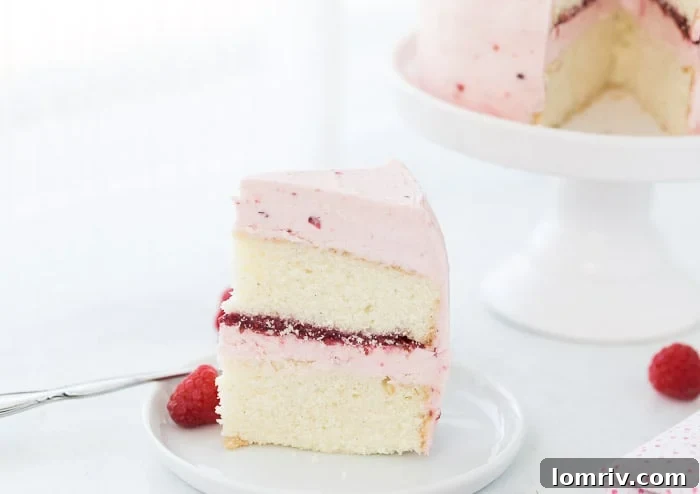 A classic Vanilla Bean Raspberry Layer Cake with moist vanilla bean cake with a sweet raspberry filling and a fluffy whipped vanilla bean frosting!