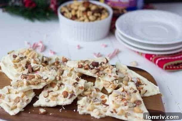 Homemade White Chocolate Peppermint Nut Bark on a platter