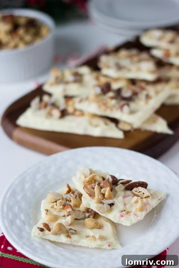 Close-up of Festive White Chocolate Peppermint Nut Bark