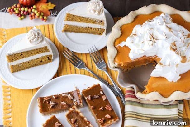 An inviting display of three distinct Thanksgiving desserts – a fluffy pumpkin cake, a creamy sweet potato pie, and a sophisticated pumpkin tart – ready to be enjoyed.
