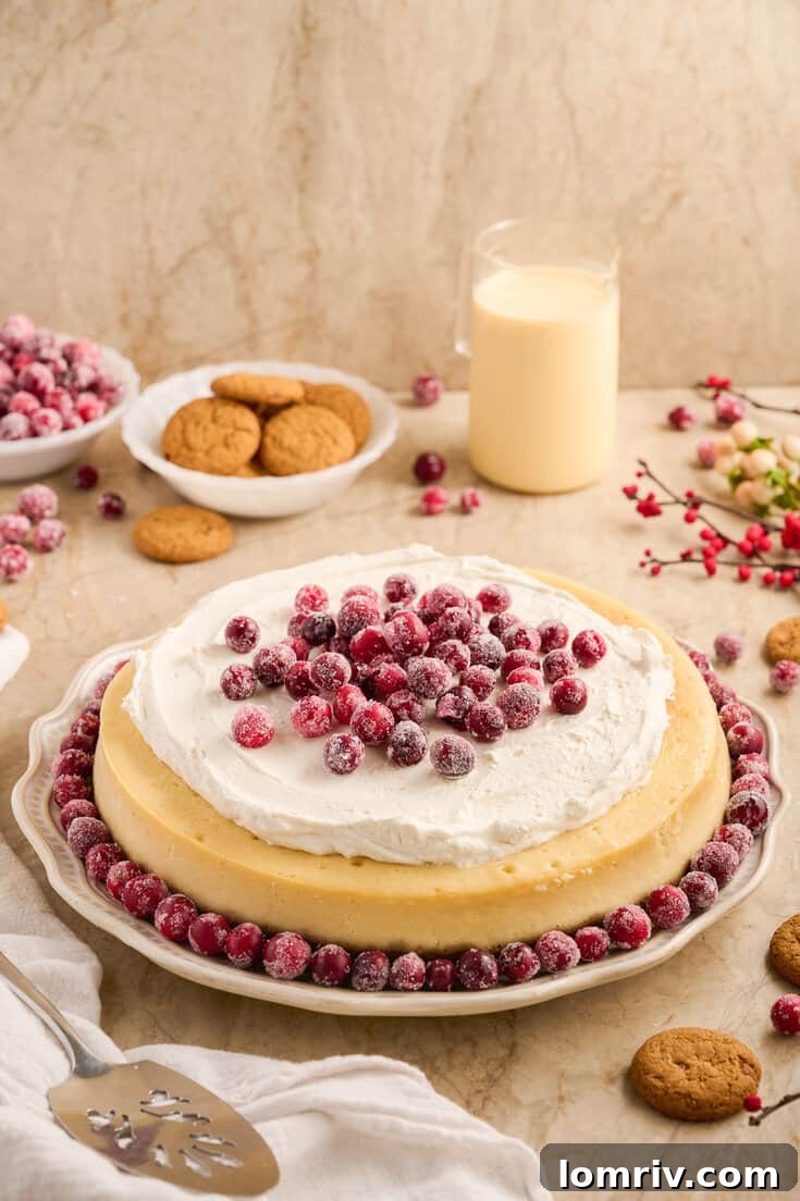 Creamy eggnog cheesecake with a spiced gingersnap crust, beautifully garnished and ready for the holiday season.
