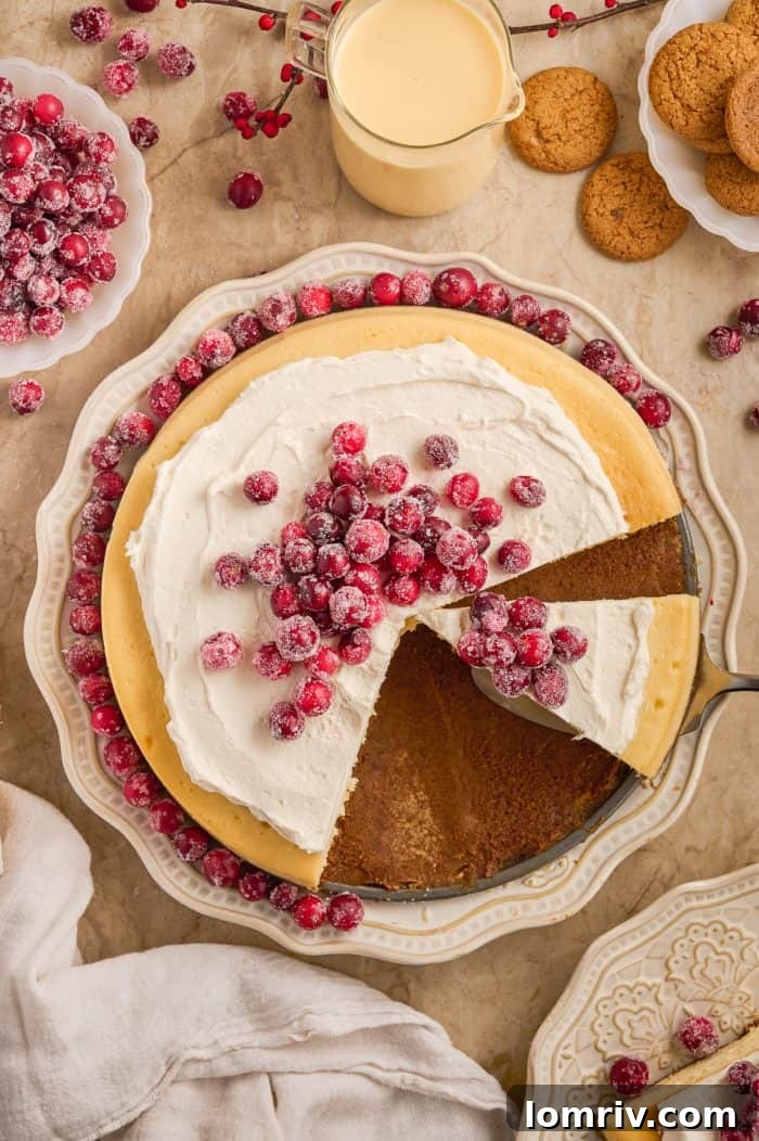 A whole eggnog cheesecake, ready to be stored or served, highlighting its rich, creamy appearance.