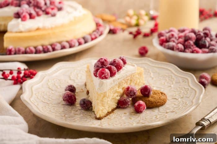 A final close-up image of the decadent eggnog cheesecake, showcasing its creamy texture and festive garnishes.