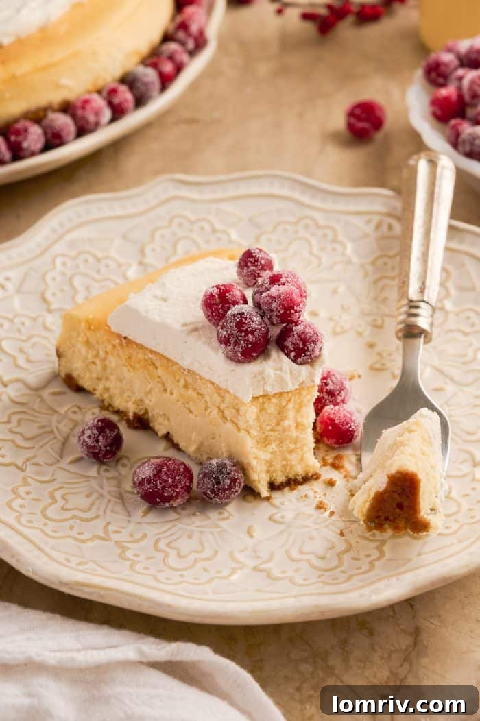 A close-up shot revealing the creamy texture and inviting appearance of the eggnog cheesecake.