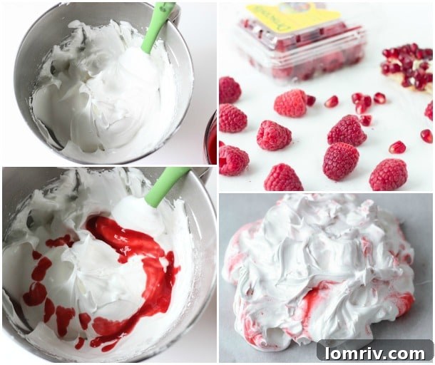 Close-up of a Raspberry Swirl Pavlova with a crisp shell and soft center, ready for holiday entertaining.