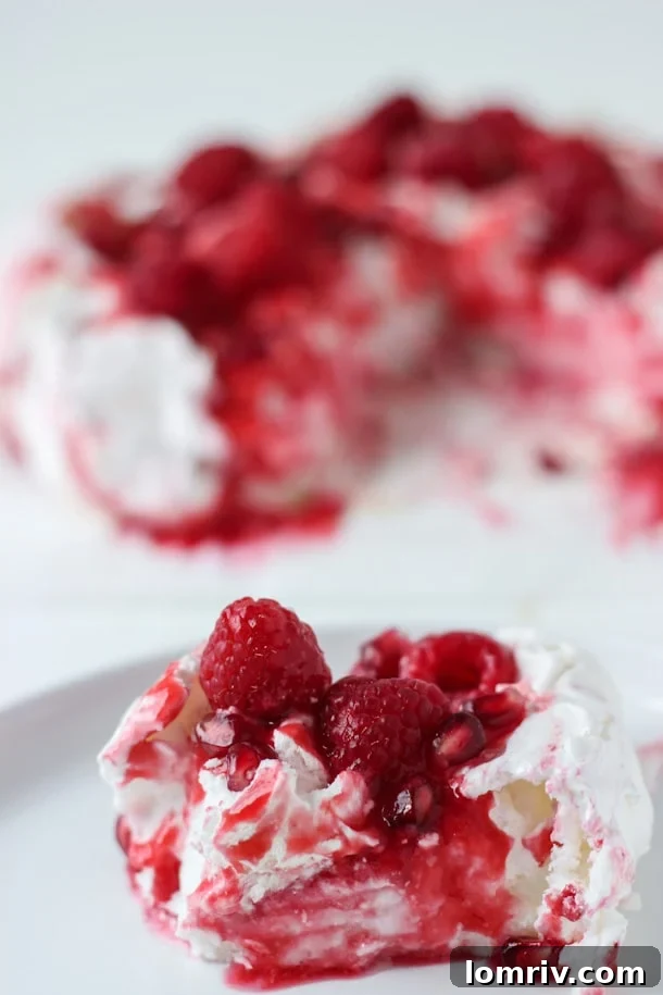 Side view of a Raspberry Swirl Pavlova, showcasing its elegant height and festive fruit toppings.