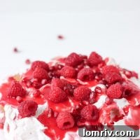 Raspberry Swirl Pavlova with Pomegranates recipe card image