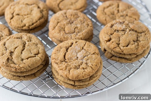 Close-up of freshly baked Soft and Chewy Ginger Molasses Cookies