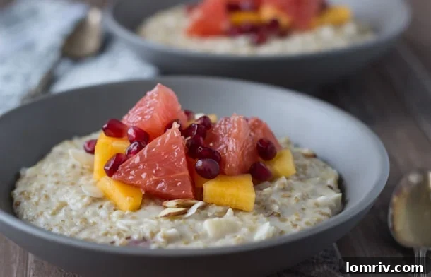 Creamy hearty steel cut oatmeal is a great way to start any day with nutty flavor and lots of fresh winter fruits to keep it exciting! 