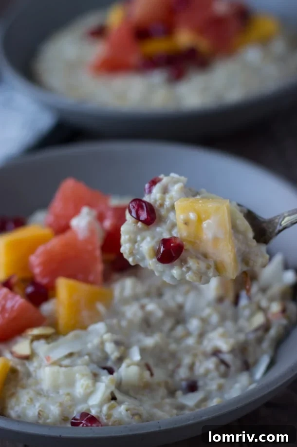 Creamy hearty steel cut oatmeal is a great way to start any day with nutty flavor and lots of fresh winter fruits to keep it exciting! 