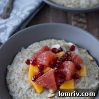 Creamy hearty steel cut oatmeal is a great way to start any day with nutty flavor and lots of fresh winter fruits to keep it exciting!