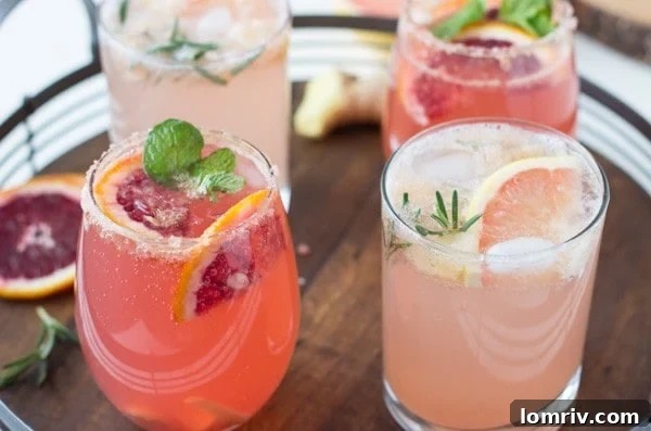 Two vibrant sparkling grapefruit cocktails garnished with rosemary and grapefruit slices, perfect for a winter dinner party.