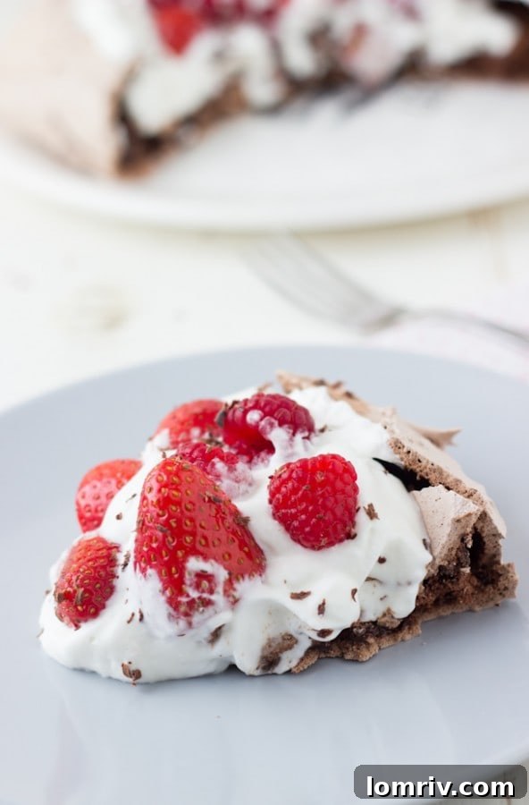 Close-up of Chocolate Pavlova with berries and cream