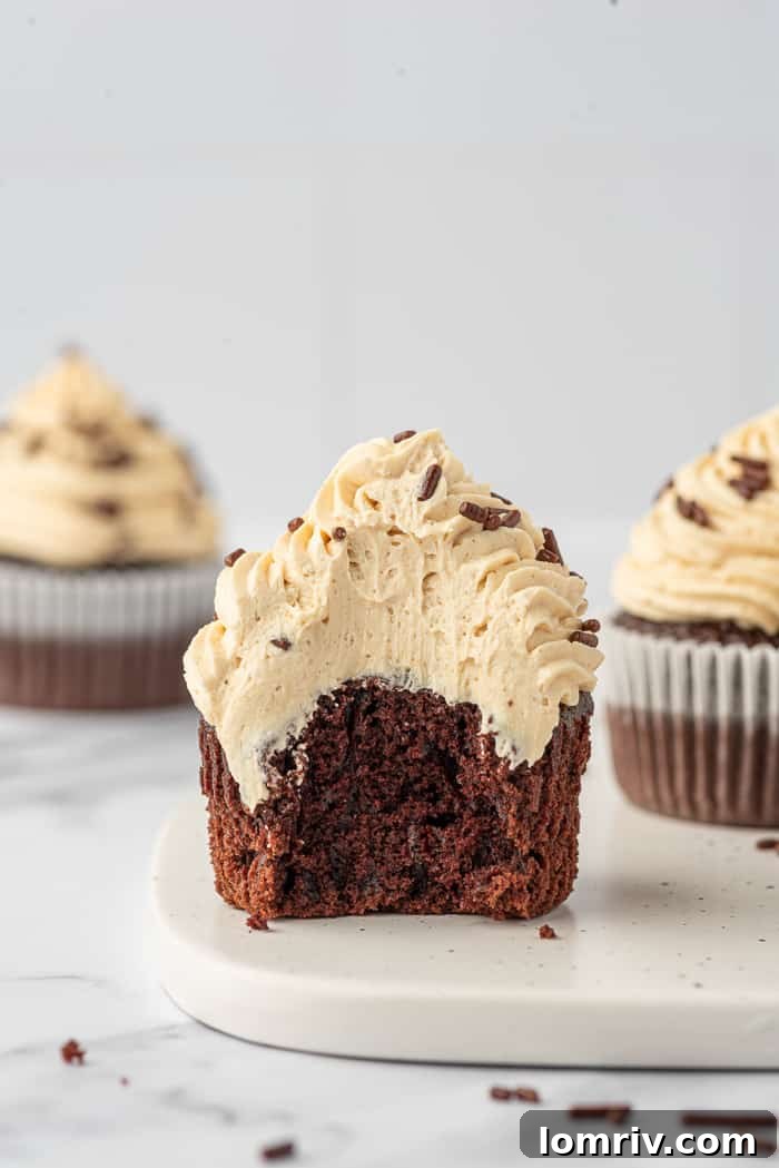 Close-up of frosted chocolate peanut butter cupcakes