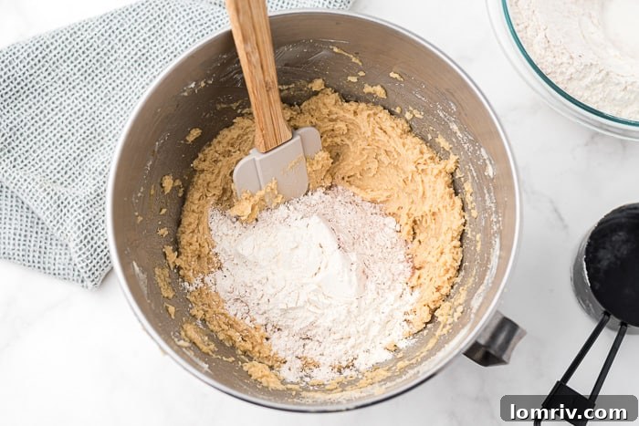 Adding dry ingredients to wet mixture for cookie dough