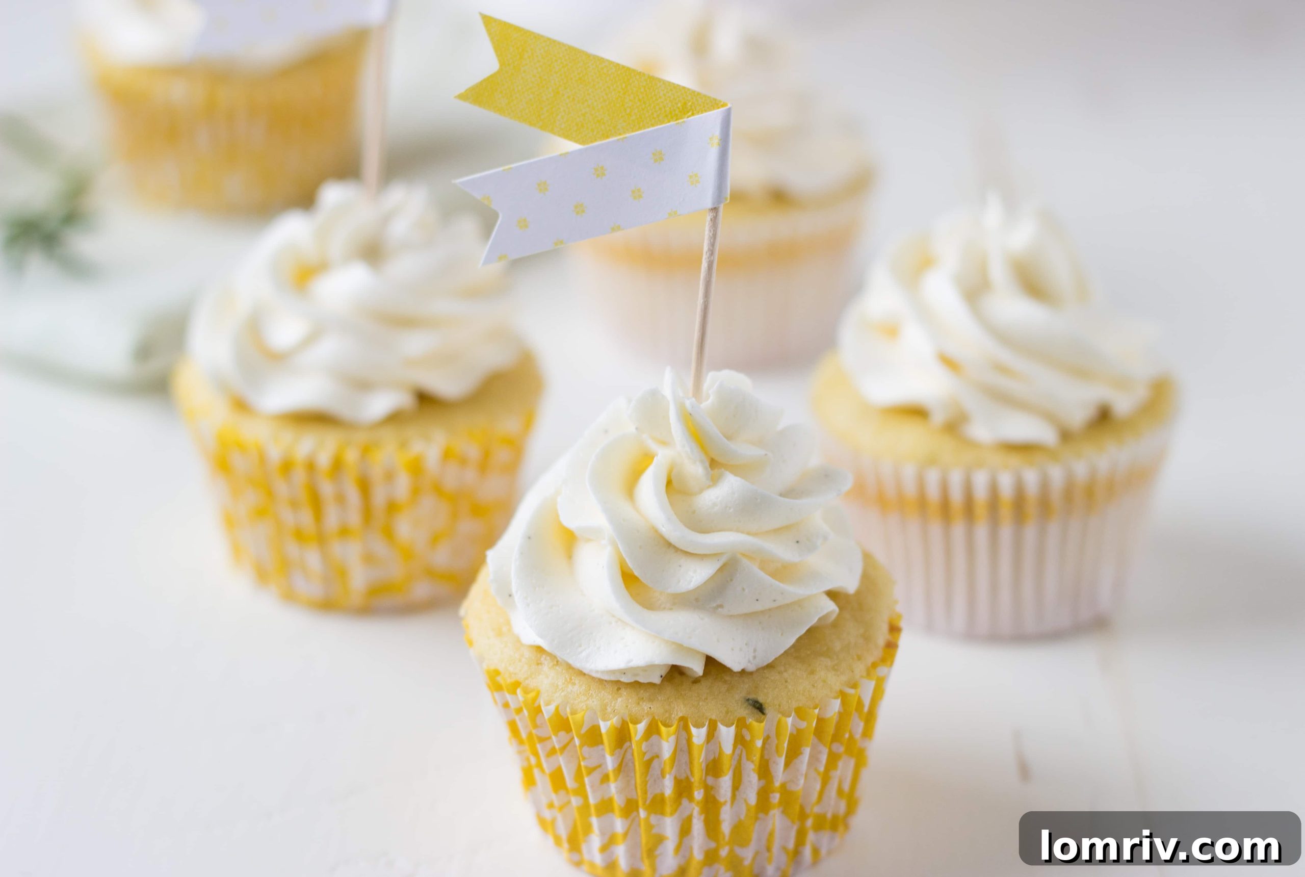 meyer lemon rosemary cupcakes recipe card image