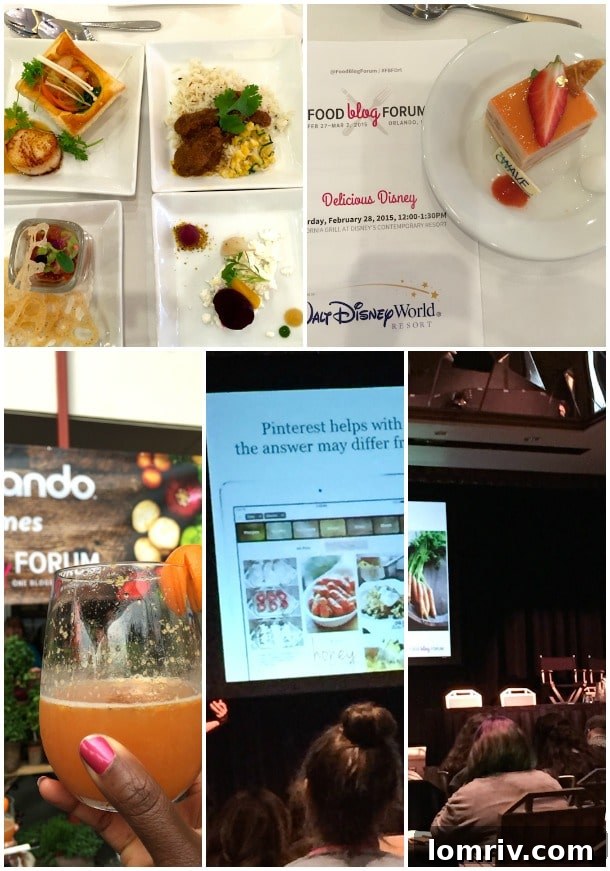 Collage showing highlights from the Food Blog Forum: a gourmet Disney lunch, a visit to East End Market, a Pinterest strategy session, and a food photography workshop.