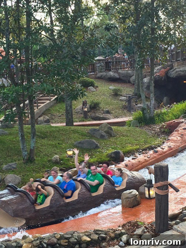 Family members enjoying a water ride at Disney World, while the author captures the fun from a distance.