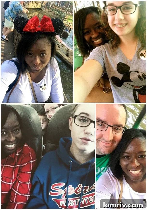 A fun collage of selfies taken at Disney World, showcasing the lively and photogenic experience, especially with a teenager.