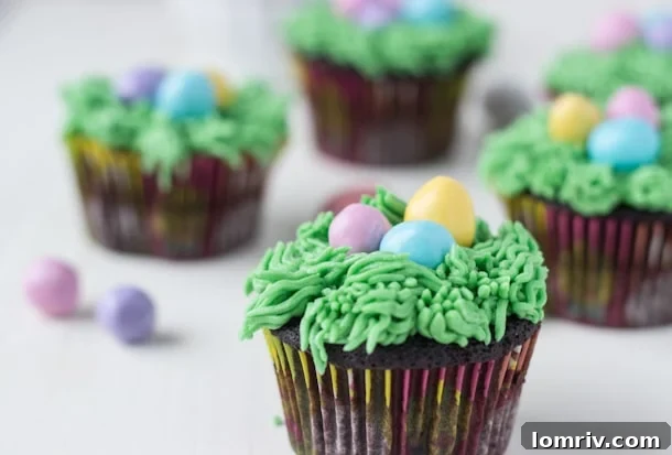 Delicious Easter Chocolate Cupcakes with Bird's Nest Frosting