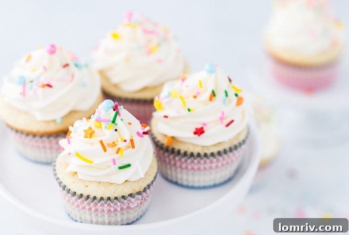 Close-up of fluffy vanilla cupcakes, perfectly baked and ready for frosting, showing their golden brown tops.