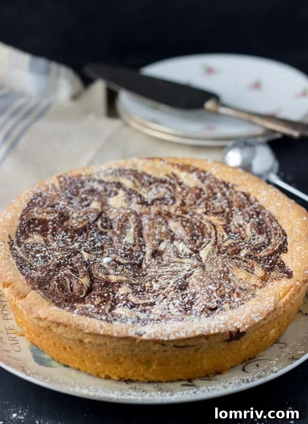 A stunning side view of the Chocolate Almond Torte, highlighting its marble pattern.