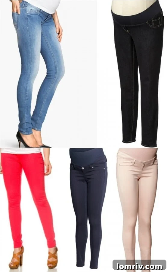 collage of maternity jeans styles and brands